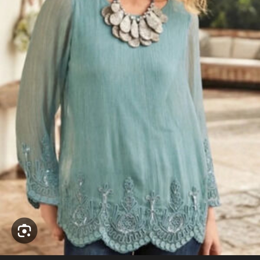 Soft Surroundings Sage Green Embroidered Bell-Sleeve Tunic